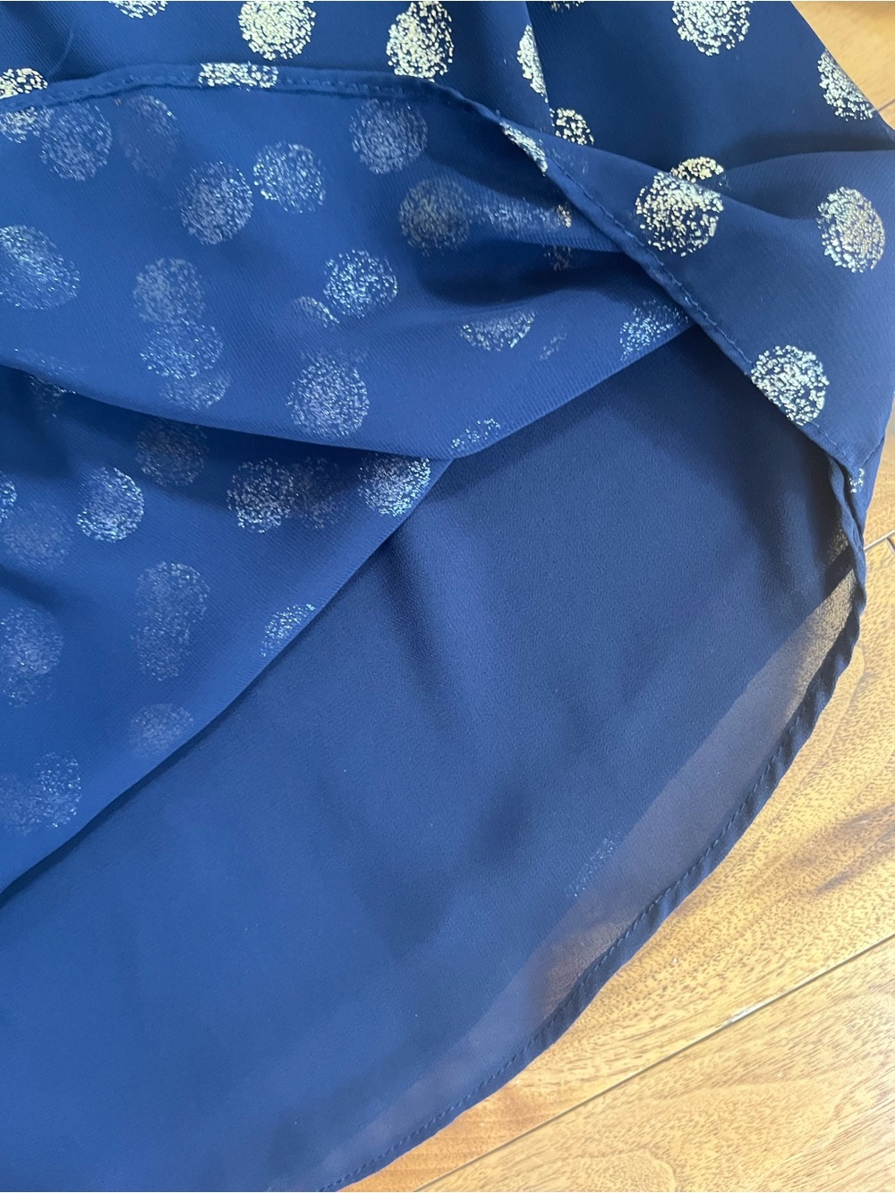 Joseph Ribkoff Navy and Gold Polka Dot Off-Shoulder Pillow Sleeve Ruffle Blouse - Picture 11 of 12